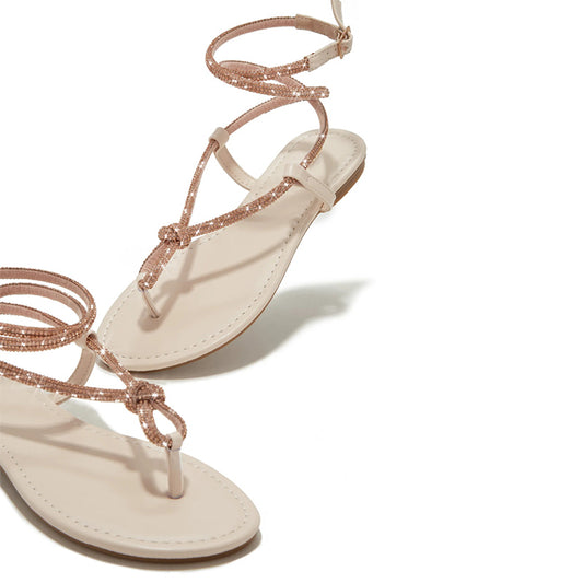 Beige Open-Toe Rhinestone Strappy Beach Flat Sandals for Women
