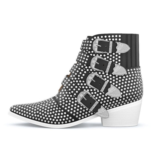 Black Pointed Toe Buckle Strap Rhinestone Hotfix Heeled Ankle Boots