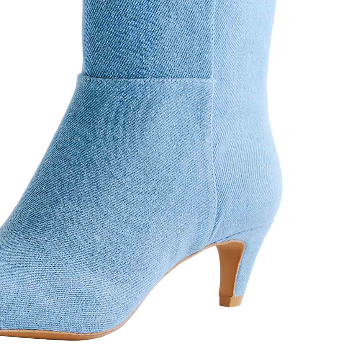 Blue Denim Square Toe Knee High Boots for Women with Kitten Heel