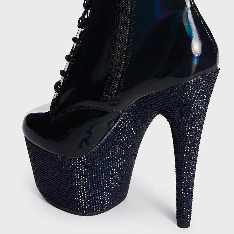 Black Rhinestone Platform Booties Lace Up Stiletto Heel Ankle Boots