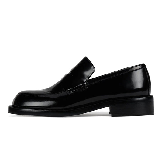 Vegan Leather Round Toe Chunky Heel Black Penny Loafers Women