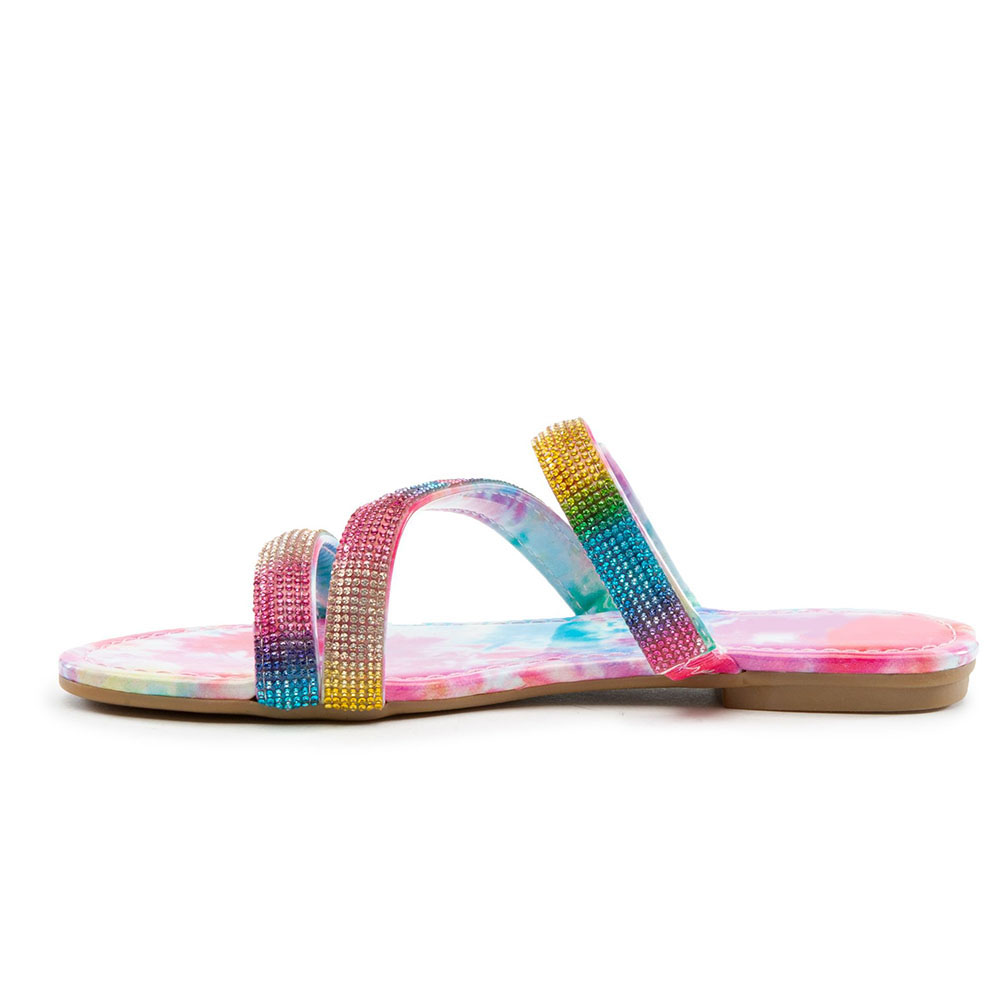 Multicolor Strappy Rhinestone Flats Tie-Dye Print Slide Sandals