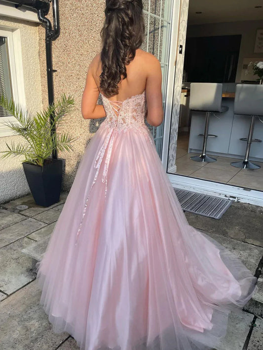 PM325,Strapless Pink Evening Formal Gown,Lace Top Long Prom Dresses