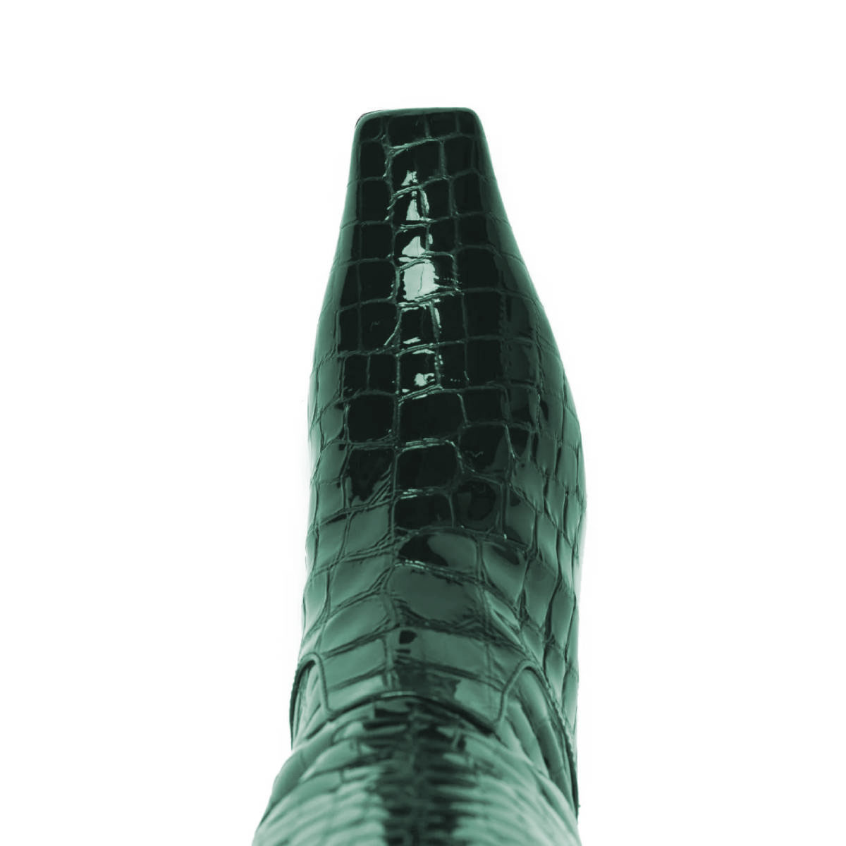 Green Crocodile Embossed Square Toe Low Heel Knee High Boots for Women