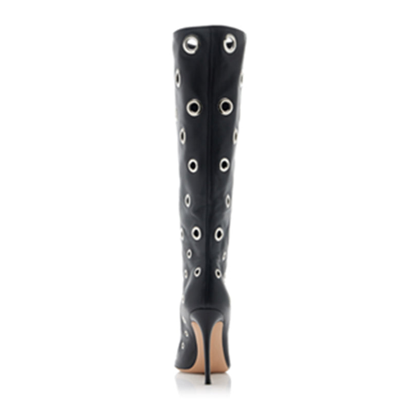 Black Pointed Toe Stiletto Heels Fashion Hollow Out Knee High Boots