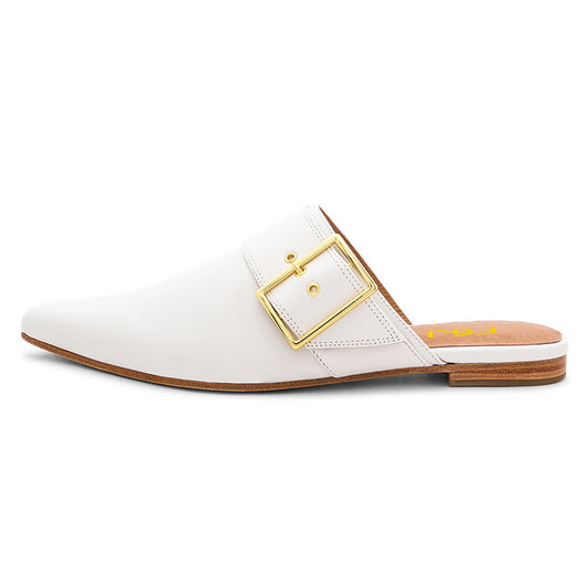 White Pointed Toe Buckle Comfortable Flat Mules for Women