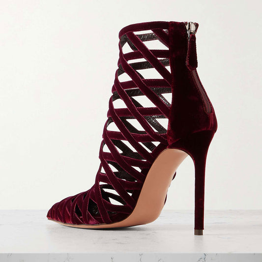 Burgundy Velvet Pointy Toe Woven Cage Design Heeled Ankle Boots