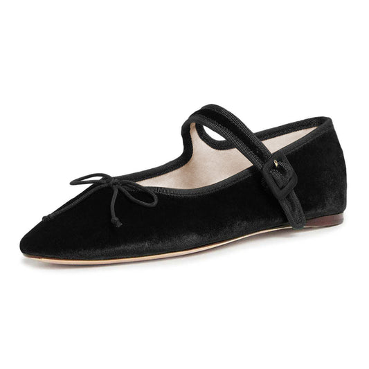 Black Velvet Round Toe Buckle Strap Mary Jane Flats with Bow Tie
