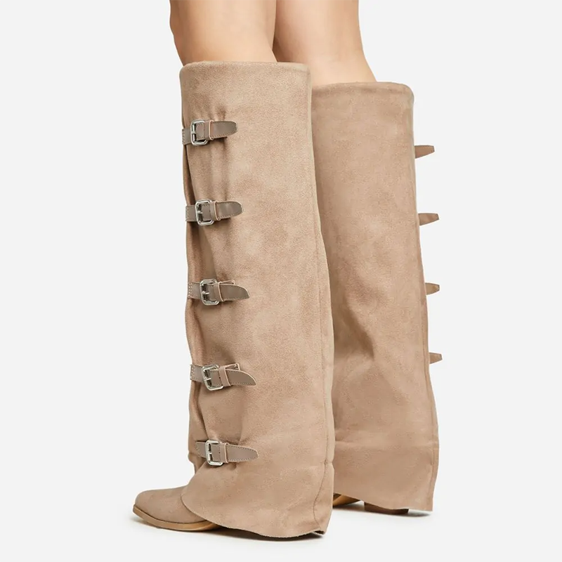 Khaki Vegan Suede Pointed Toe Chunky Heel Cowgirl Knee High Boots