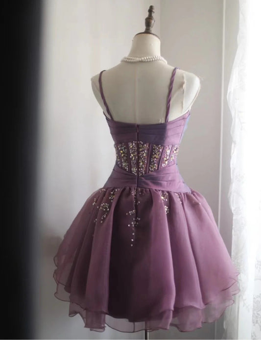 Retro Purple Beading Design A-line Tulle Spaghetti Strap Party Dresses Homecoming Dresses, TP3805