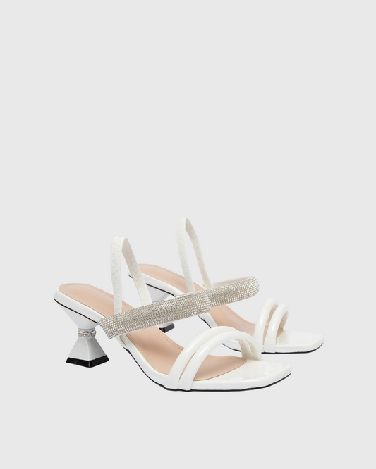 Cahya Rhinestone Strap Flared Heels In White