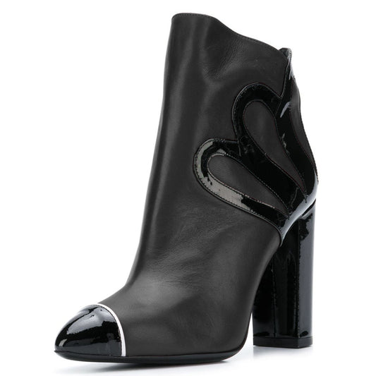 Black Booties Cap Toe Side Zip Closure Block Heel Women's Ankle Boots