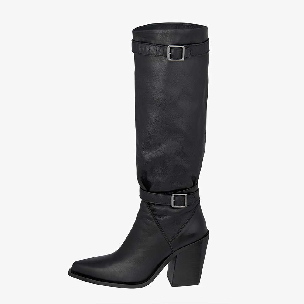 Black Vegan Leather Pointed Toe 3__ Chunky Heel Knee High Boots