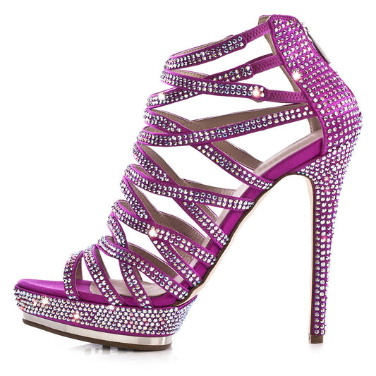 Trendy Purple Satin Rhinestone Strappy Caged Platform High Heels