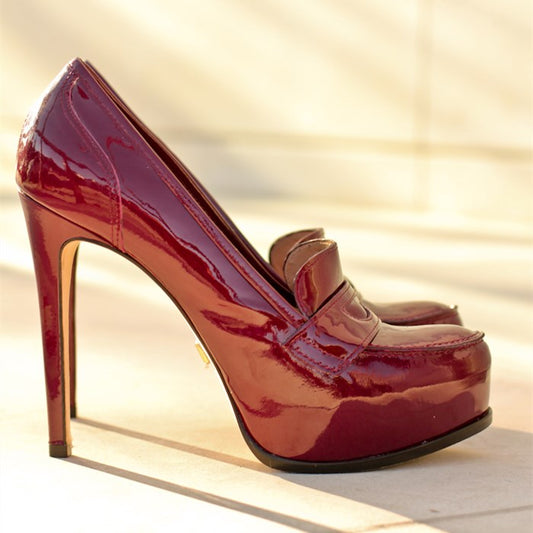 Burgundy Patent Leather Platform Stiletto Heeled Loafers for Women