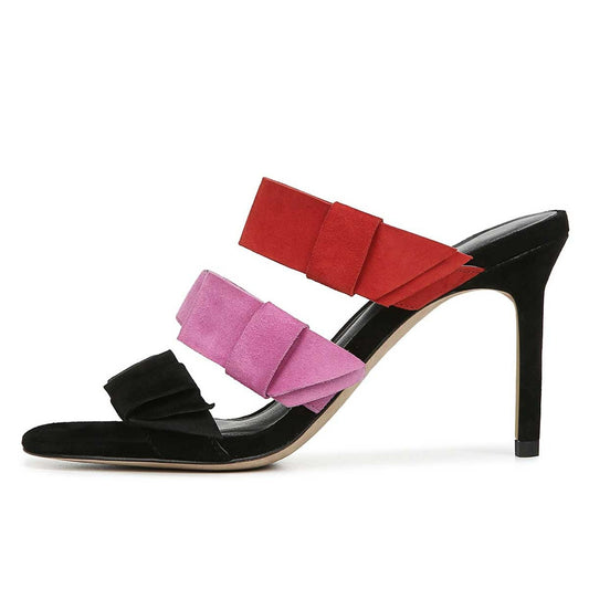 Triple Color Bow Strap Open Toe Vegan Suede High Heel Mules