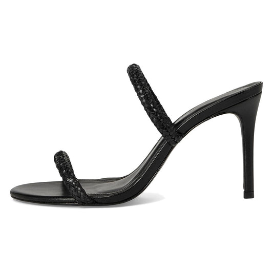 Women's Stylish Black Open Round Toe Braided Decor Mule Heels