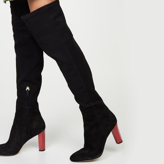 Black Vegan Suede Red Chunky Heel Over-the-Knee Boots with Zip