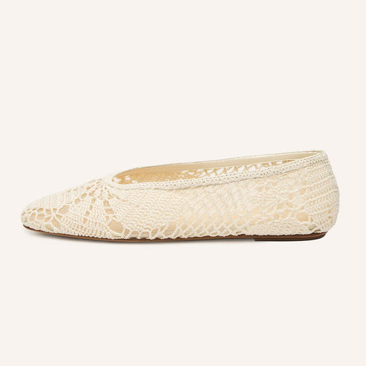 Women's Casual Ivory Crochet Square Toe Cut Out Ballet Flats
