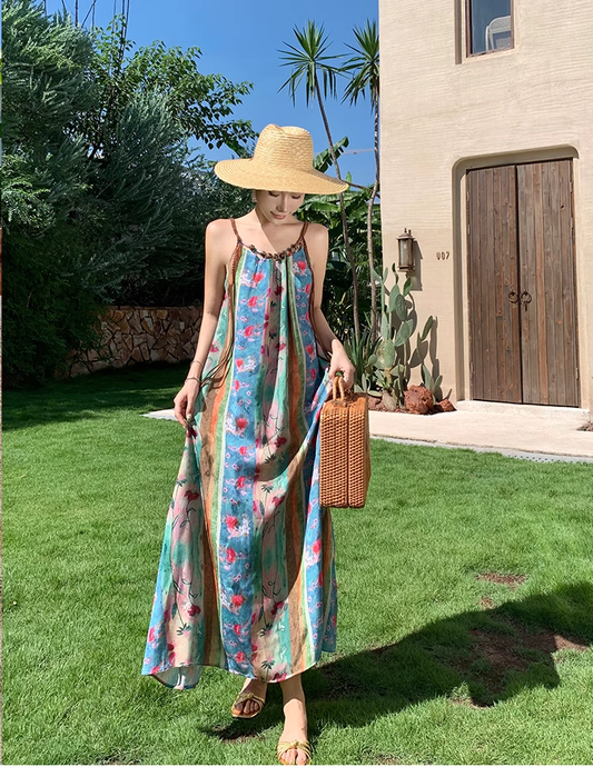 New Elegant Floral Design A-Line Beach Holiday Spaghetti Strap Dress TP3026