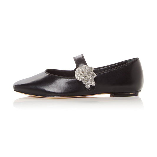 Black Square Toe Rhinestone Flower Strap Women's Dress Flats