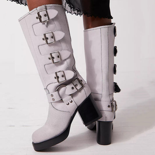 White Closed Toe Chunky Heel Platform Mid Calf Boots
