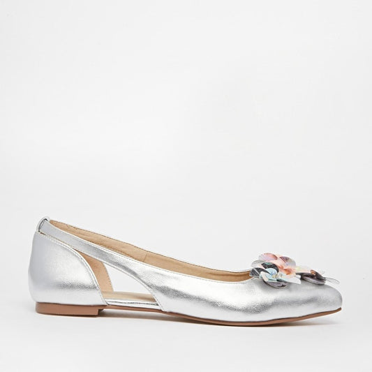 Silver Metallic Finish Pointed Toe Sequin Flower Wedding Flats