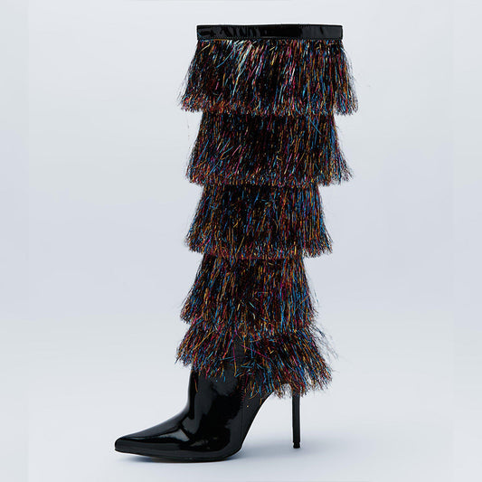 Black Patent Leather Multicolor Fringe Heeled Knee High Boots