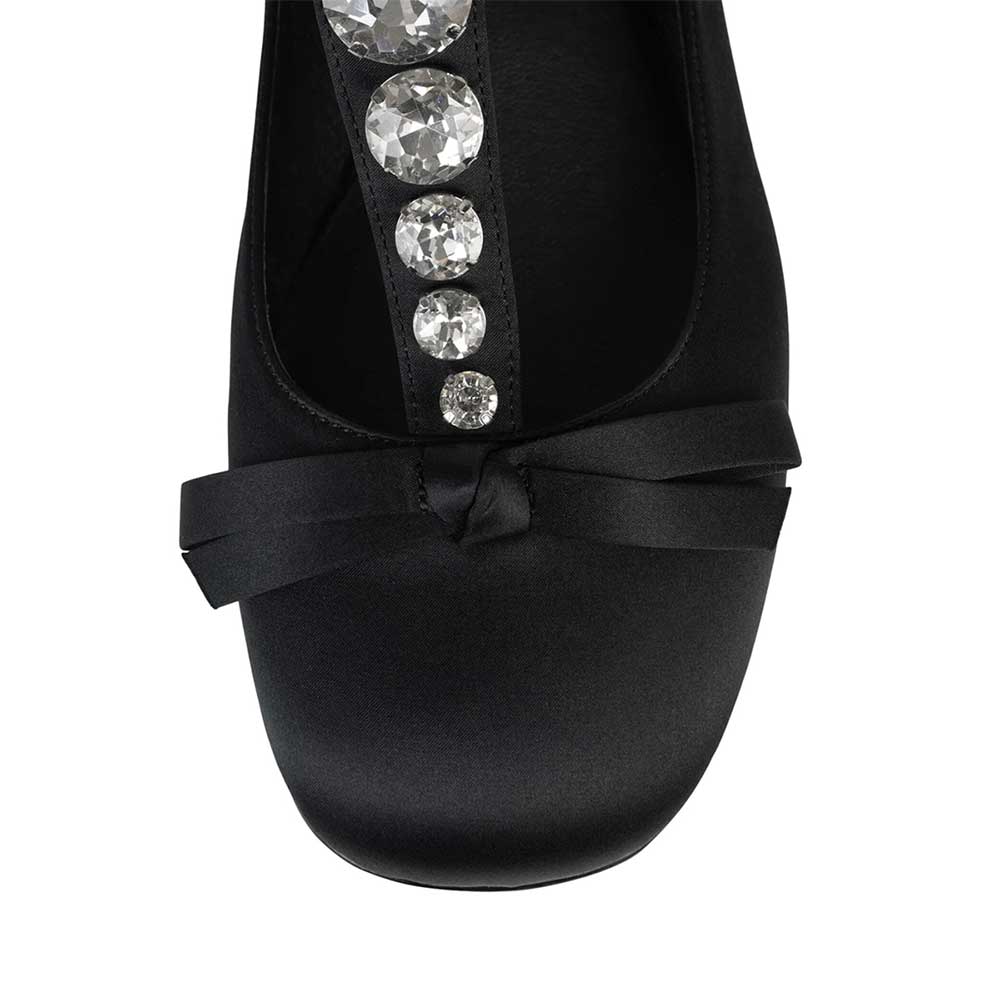 Black Satin Round Toe Rhinestone and Bow Decorative Mary Jane Flats