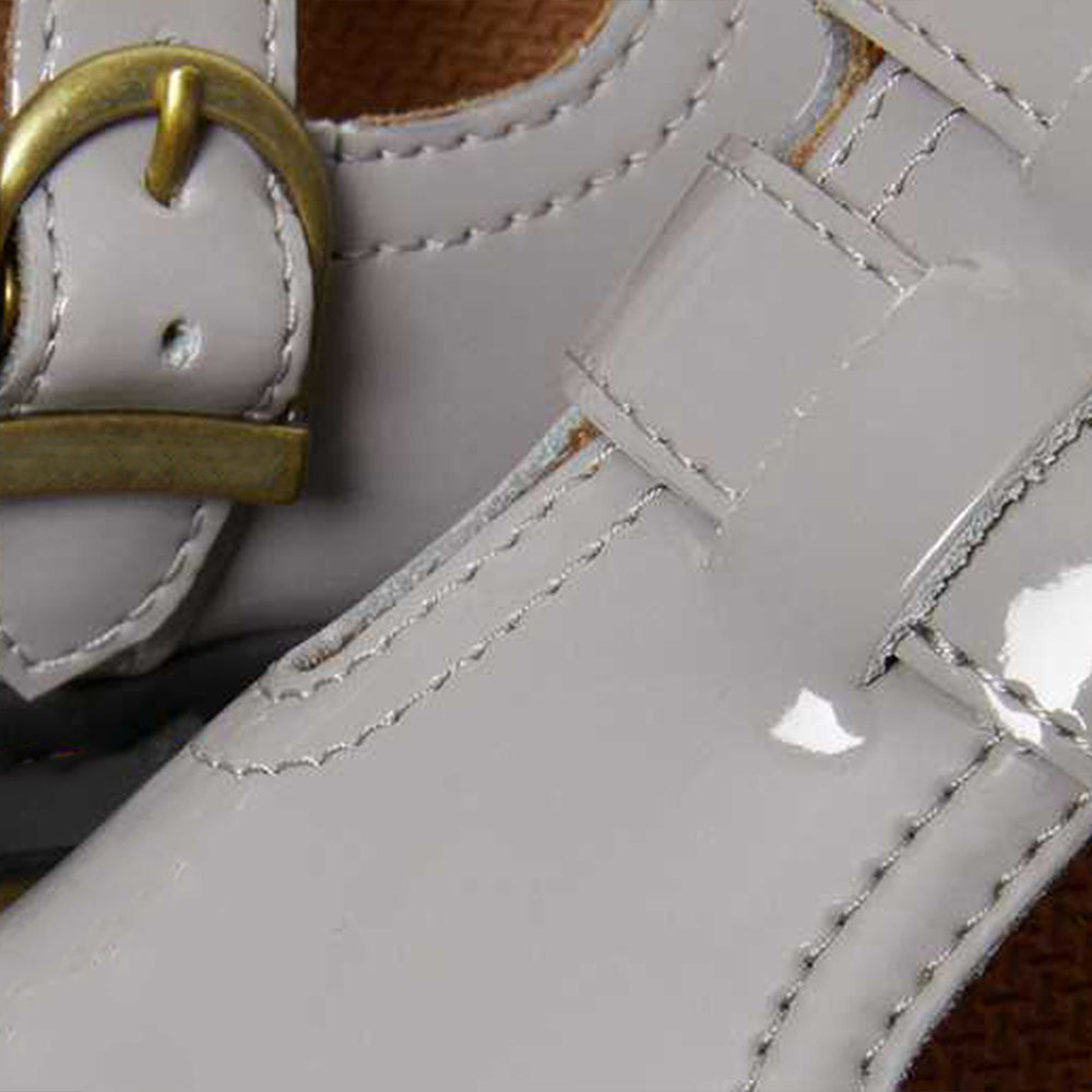 Gray Patent Leather Rounded Toe Flat Lug Sole Loafers with Buckles