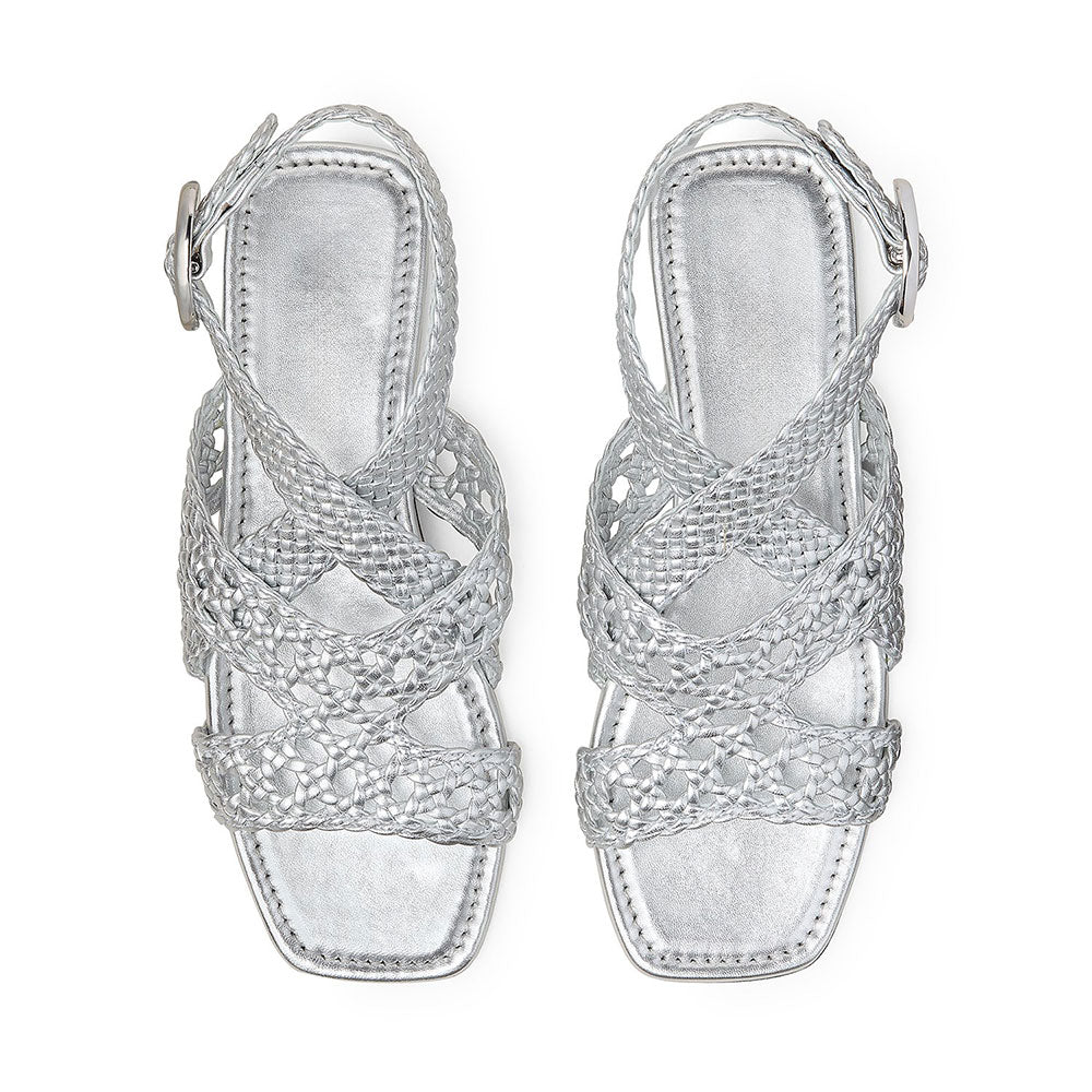 Stylish Square Toe Woven Strappy Buckled Flat Silver Sandals by FSJ