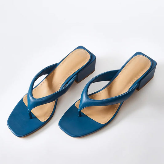 Blue Square Toe Block Heel Casual Mules Shoes Thong Sandals