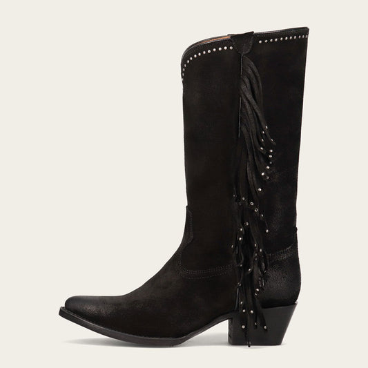 Black Fringe Pointed Toe Chunky Heel Mid Calf Boots with Studs
