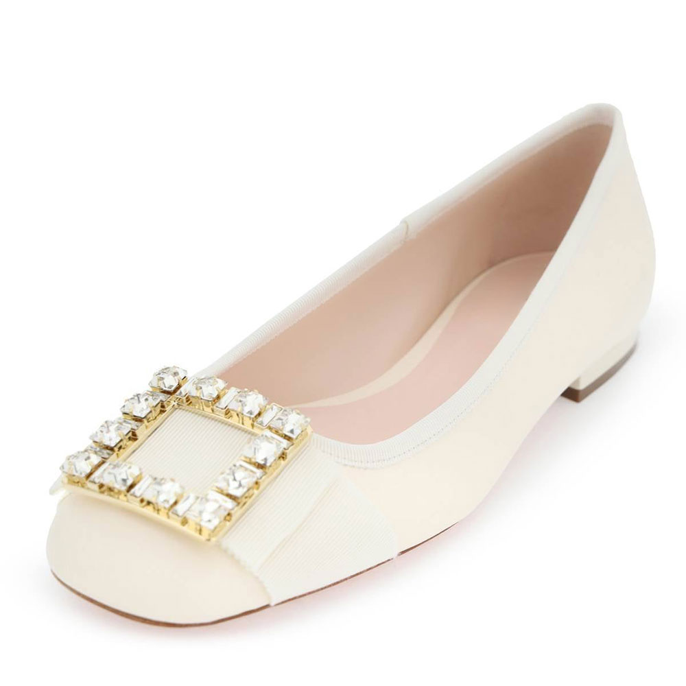 Square Toe Rhinestone Buckle Decor Women's Dress Flats in White