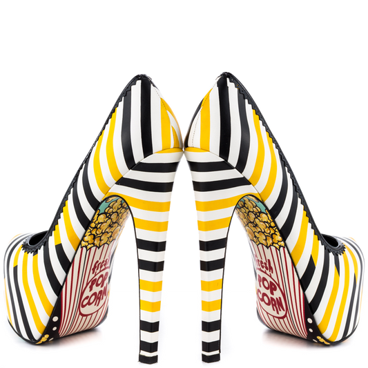 Yellow and Black Striped Print Closed Toe High Heels Platform Pumps