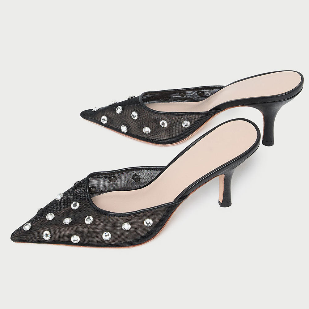 Women's Black Pointed Toe Rhinestone Embellished Mesh Mule Heels