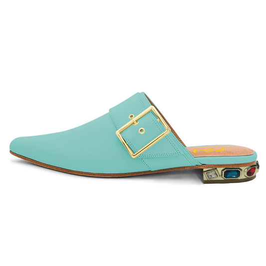 Turquoise Pointed Toe Crystal Decor Mules Shoes with Buckle