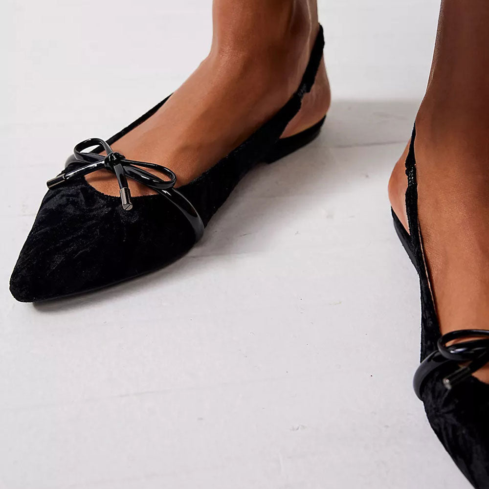 Elegant Black Velvet Bow Strap Pointed Toe Flats with Slingback