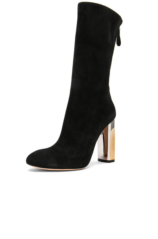 Black Vegan Suede Chunky Heel Mid Calf Boots with Zipper