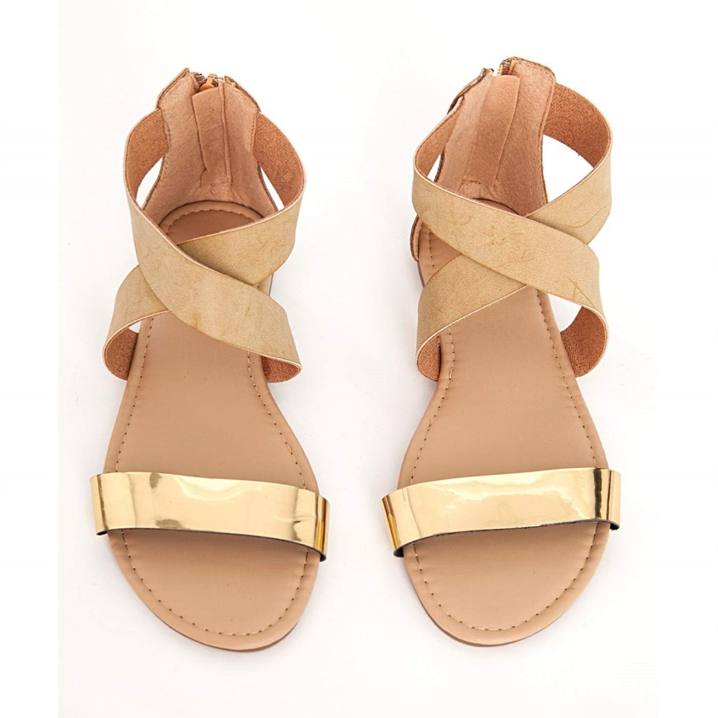 Gold & Khaki Open Toe Cross Strap Flat Sandals for Women