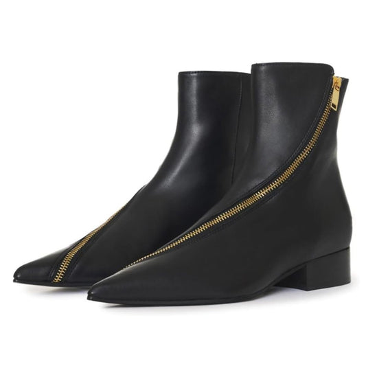 Black Vegan Leather Pointed Toe Block Heeled Ankle Boots with Zipper