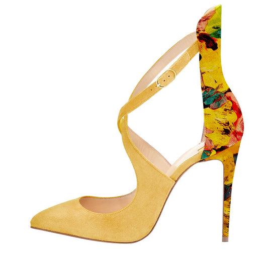 Yellow Vegan Suede Shoes Floral Print Stiletto Heel Pumps for Women