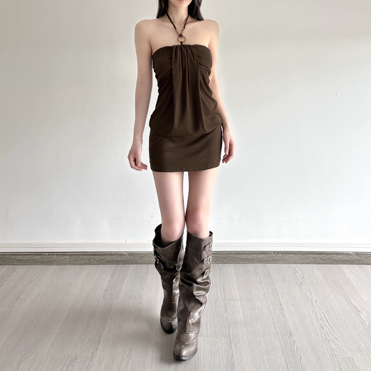 Cute Brown Halter-neck Sheath Short Summer Dresses Party Dress Homecoming Dress TP4343