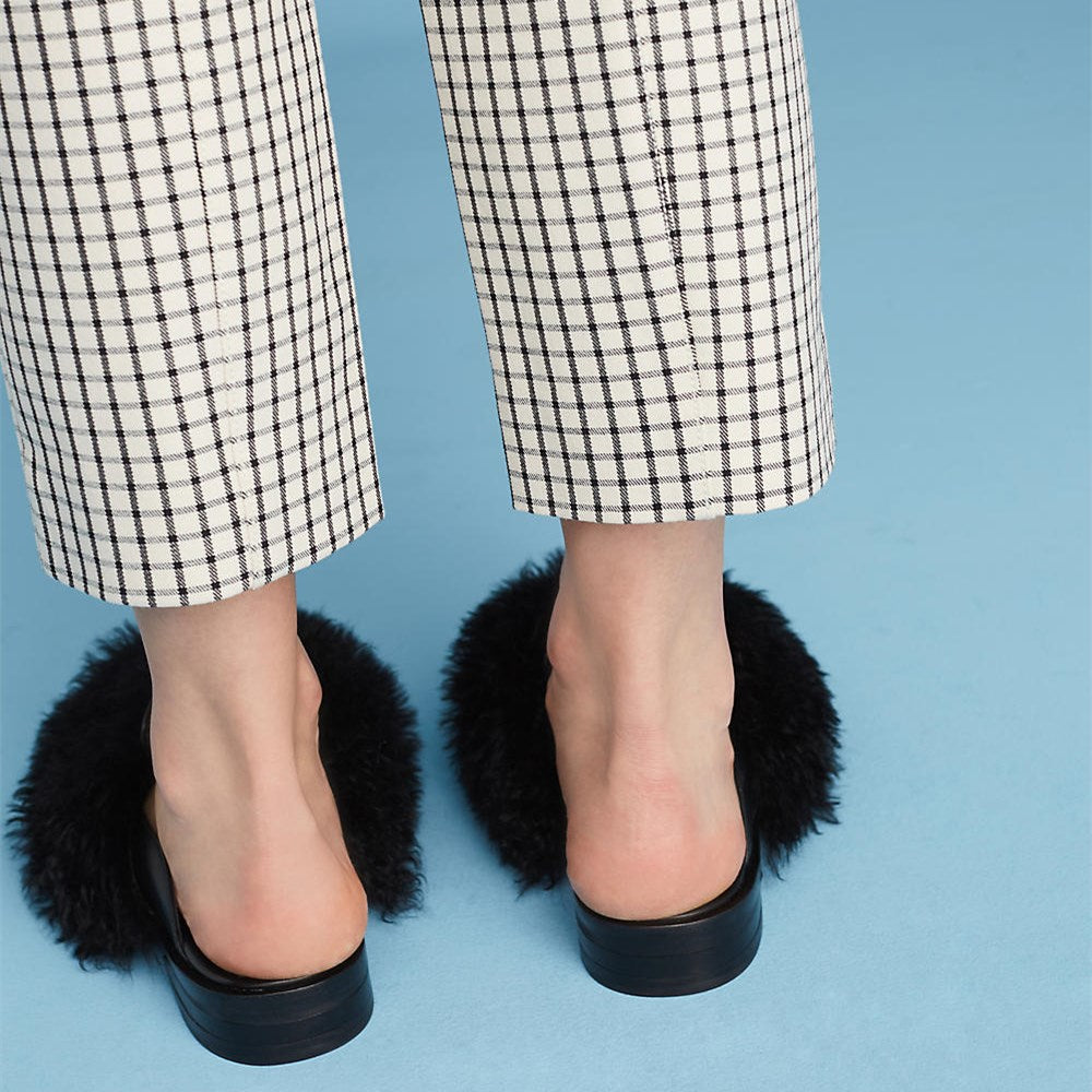 Black Round Toe Faux Fur Flat Mule Loafers for Women