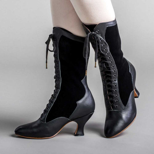 Vintage Black Closed-Toe Spool Heel Lace-Up Mid Calf Boots for Women
