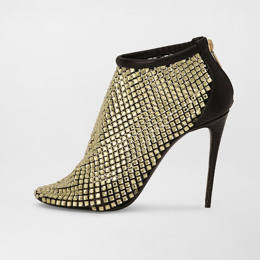 Black & Gold All-Over Rhinestone Mesh Stiletto Heel Ankle Boots