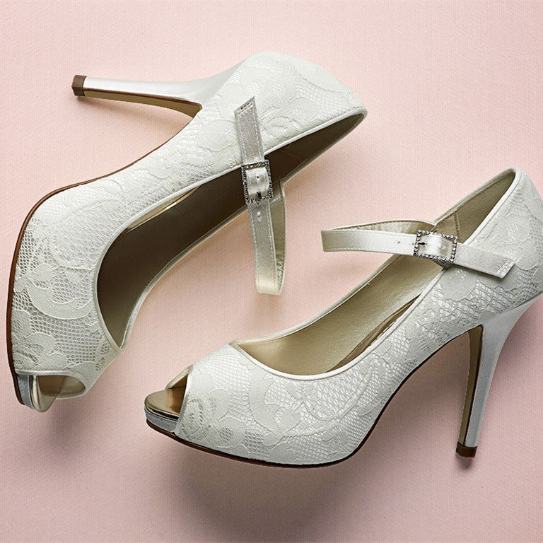 Ivory Lace Platform Pumps Peep Toe Buckle Strap Wedding Shoes Heels