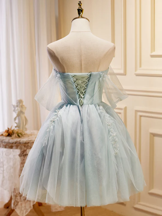 Vintage Light Blue Beaded Off-the-shoulder Design A-line Tulle Party Dress Homecoming Dress TP4063