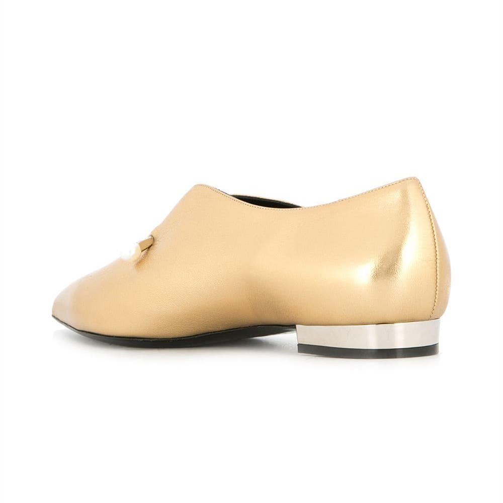Gold Pointy Toe Flats Pearl Details Fashion Loafers for Women
