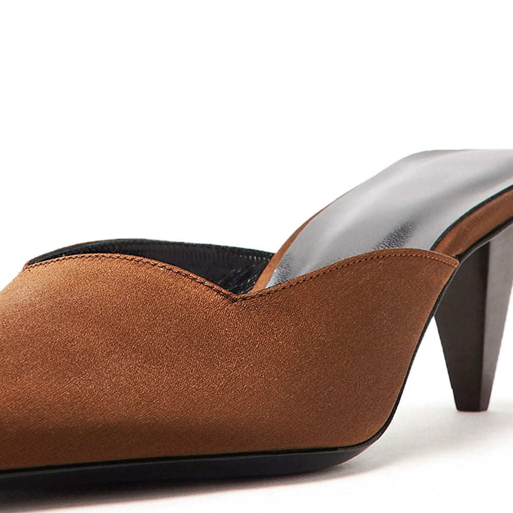 Women's Brown Satin Pointed Toe Slip-On Cone Heeled Mules